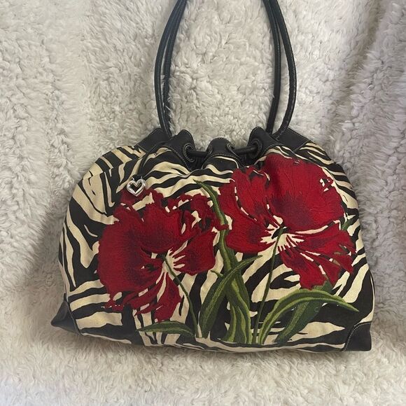 Brighton Zebra Embroidered Floral Canvas Leather trim  Large Shoulder Bag - Picture 2 of 14